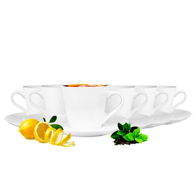 Ceramiczne FILIŻANKI 210 ml ze spodkami ⌀ 15 cm do kawy herbaty | MAJA | komplet 6 szt. (12 elementów)