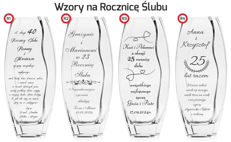 Piękny szklany wazon dekoracyjny 32cm z grawerem, na ślub, podziękowania