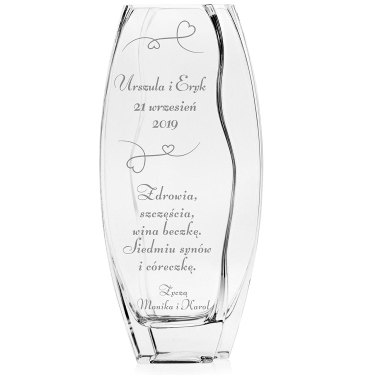 Piękny szklany wazon dekoracyjny 32cm z grawerem, na ślub, podziękowania