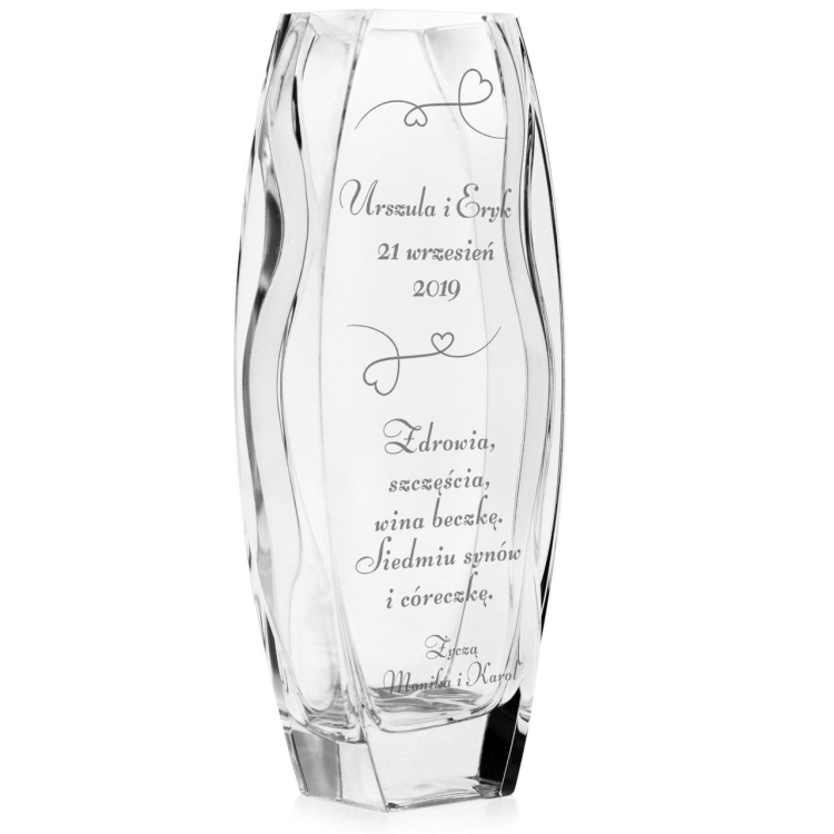 Piękny szklany wazon dekoracyjny 32cm z grawerem, na ślub, podziękowania