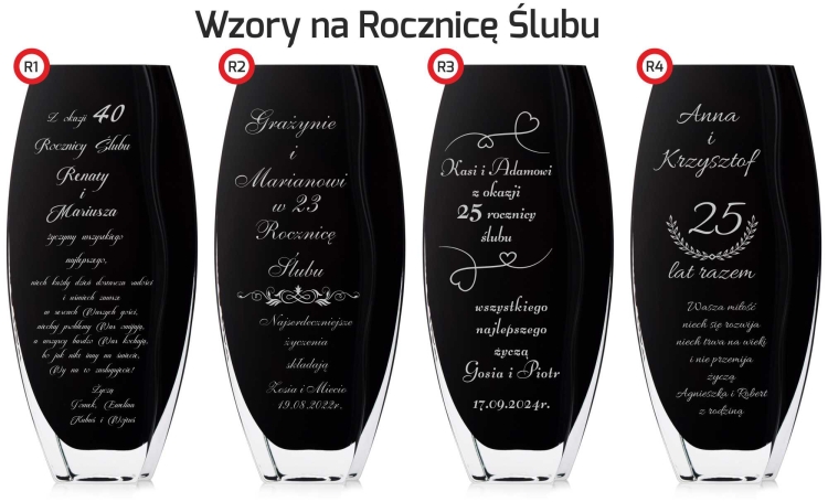 Piękny czarny nowoczesny szklany wazon dekoracyjny 32cm z grawerem, na ślub, podziękowania