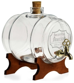 Szklana bezbarwna beczka - antałek 2L z kranikiem i grawerem indywidualnym TWÓJ NAPIS