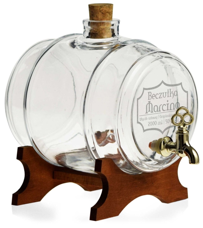 Szklana bezbarwna beczka - antałek 2L z kranikiem i grawerem indywidualnym TWÓJ NAPIS