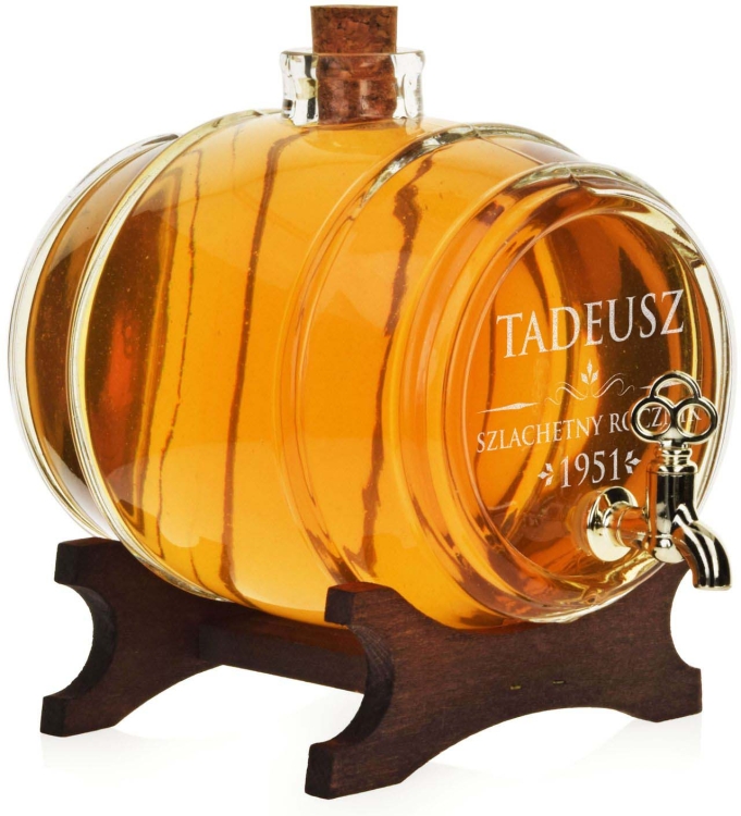 Szklana bezbarwna beczka - antałek 2L z kranikiem i grawerem indywidualnym TWÓJ NAPIS