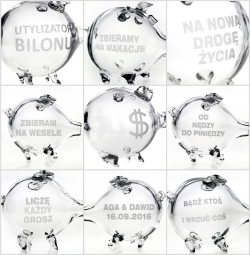 MEGA duża szklana skarbonka ŚWINKA - przeźroczysta z grawerem indywidualnym TWÓJ NAPIS