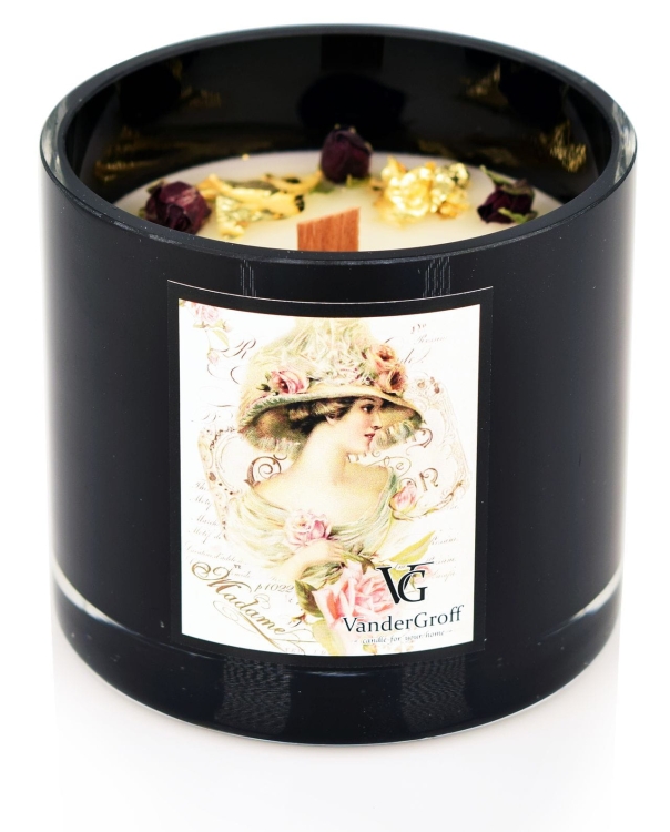 Duża czarna świeca zapachowa VanderGroff kwiaty 400g