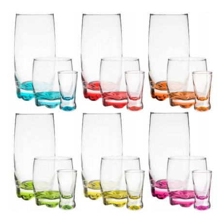 Przejdź do produktu Komplet 18 el. kolorowe szklanki i kieliszki 25+250+350 ml