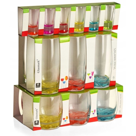 Przejdź do produktu Komplet 18 el. kolorowe szklanki i kieliszki 25+250+350 ml