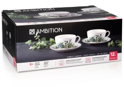 Filiżanki białe Ambition Greenery 220ml + spodki 12el.