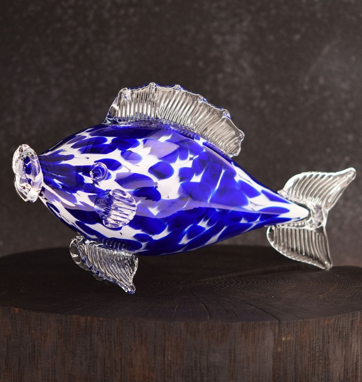 Szklana ozdobna FIGURKA rzeźba kolorowa ryba PRL 25cm | Niebiesko-Biała