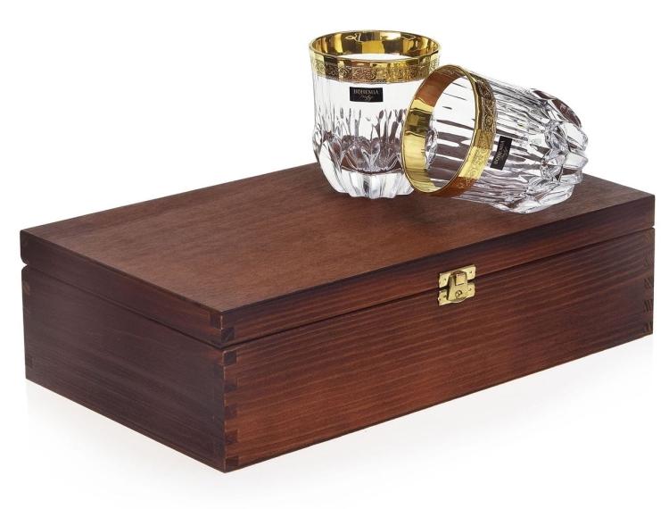 Kryształowe szklanki do whisky ze złotym paskiem Bohemia MIRADOR 350ml w skrzynce z GRAWEREM