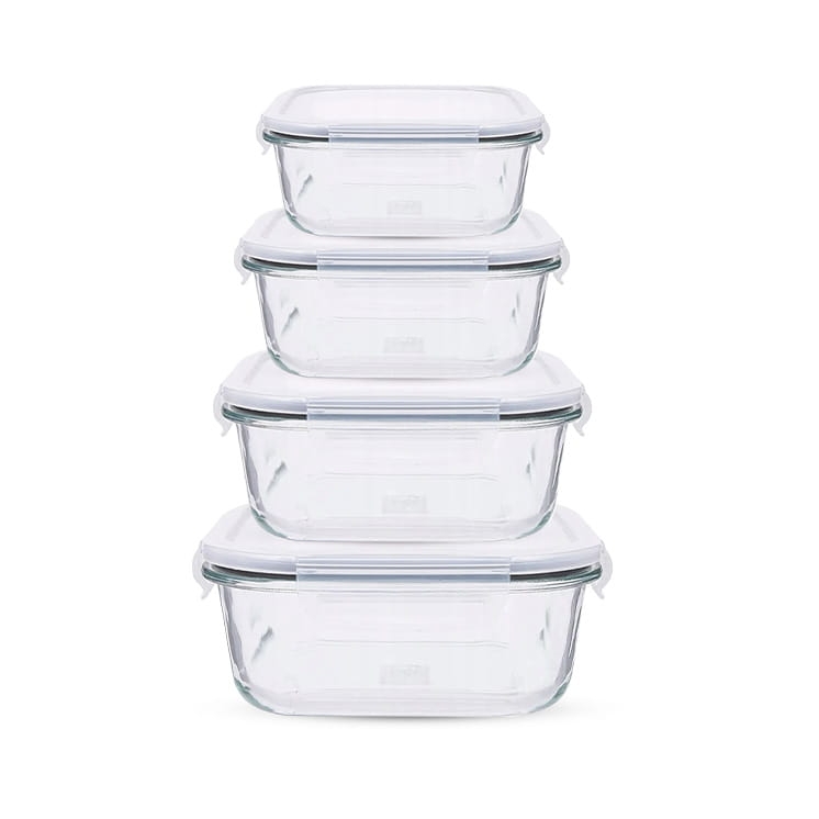 KOMPLET pojemników szklanych na żywność KWADRATOWYCH LUNCHBOX z pokrywką ALTOM FRESH 300+450+750+1100ml