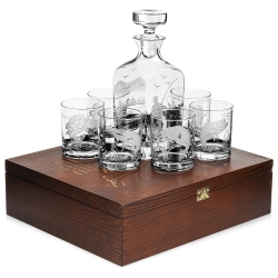 Komplet do whisky 6+1 "Wędkarski" szklanki 300ml + karafka 750ml w drewnianej skrzynce