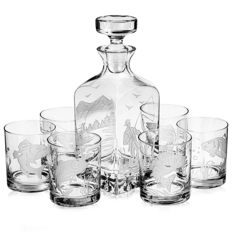 Komplet do whisky 6+1 "Wędkarski" szklanki 300ml + karafka 750ml w drewnianej skrzynce