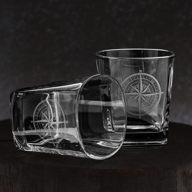 Szklanki do whisky  Róża Wiatrów kwadratowe 300 ml 6 szt. w pudełku Szklanka.pl