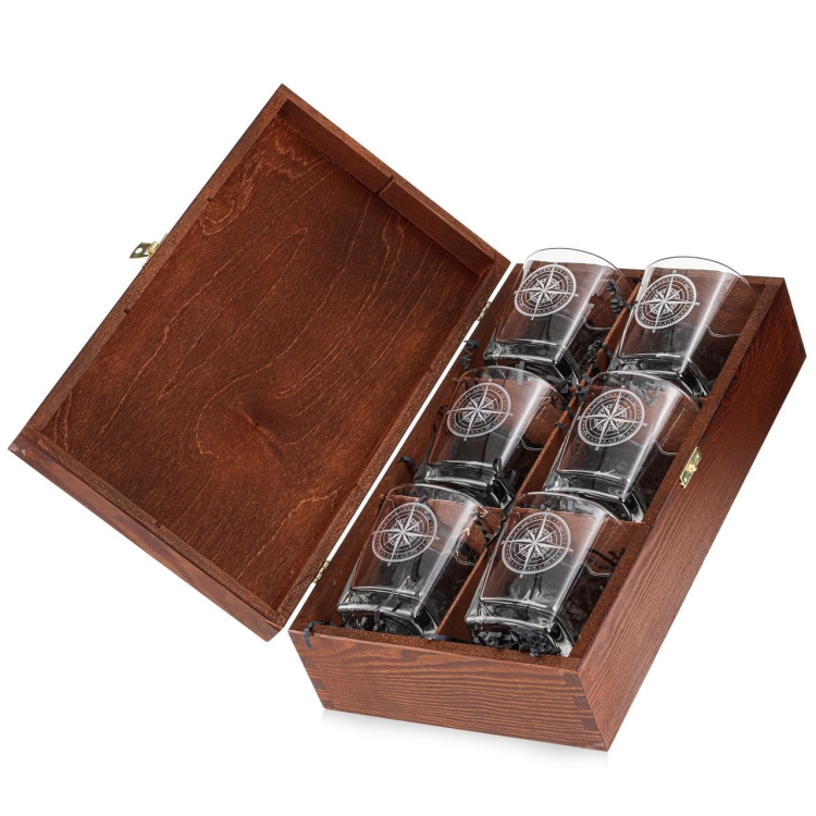 Szklanki do whisky kwadratowe 300ml Róża Wiatrów w skrzynce z GRAWEREM