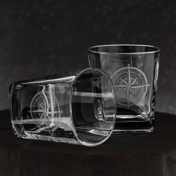 Szklanki do whisky kwadratowe 300ml Róża Wiatrów w skrzynce z GRAWEREM