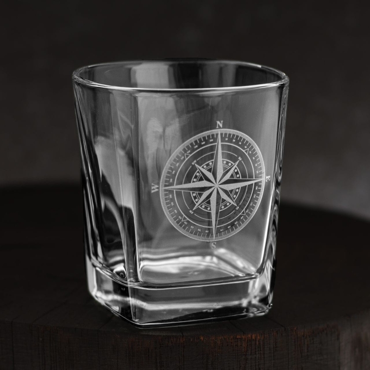 Szklanki do whisky kwadratowe 300ml Róża Wiatrów w skrzynce z GRAWEREM