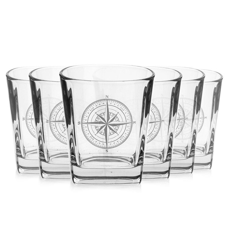 Szklanki do whisky kwadratowe 300ml Róża Wiatrów w skrzynce z GRAWEREM