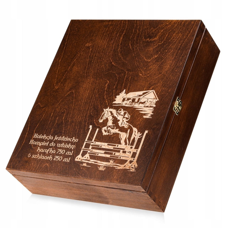 Komplet do whisky 6+1 "Konie" Szklanki 300ml + Karafka łamana 750ml w drewnianej skrzynce