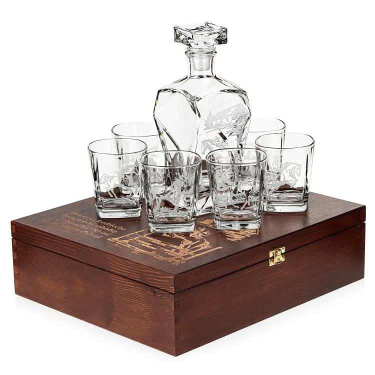 Komplet do whisky 6+1 "Konie" Szklanki 300ml + Karafka łamana 750ml w drewnianej skrzynce