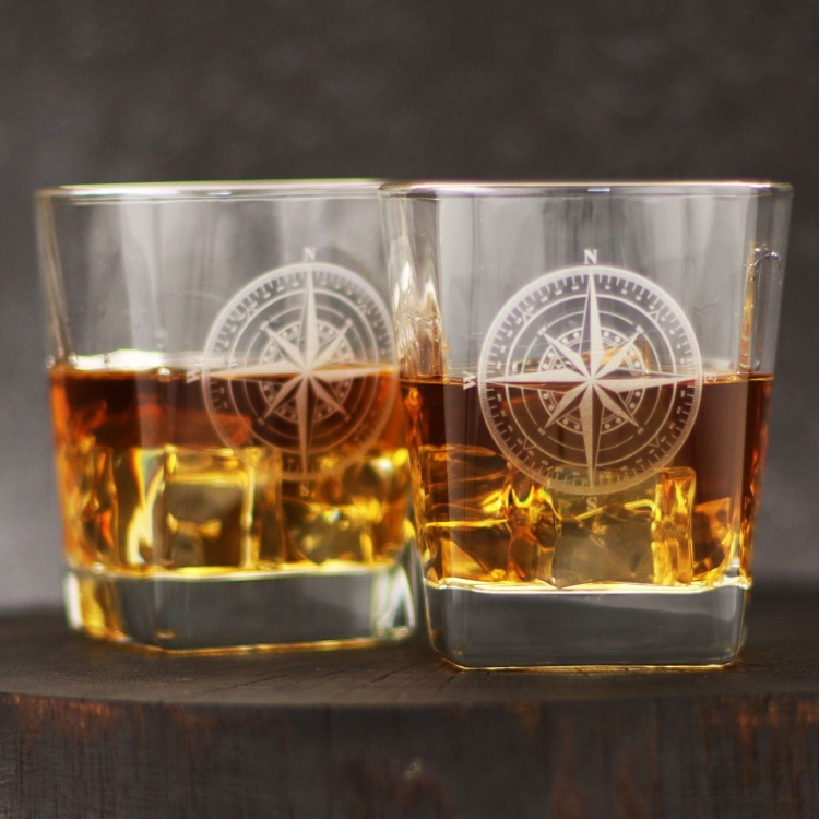 Szklanki do whisky  Róża Wiatrów kwadratowe 300 ml 6 szt. w pudełku Szklanka.pl