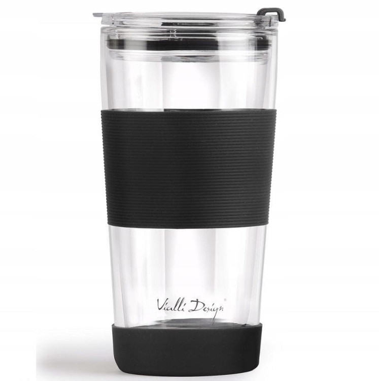 Szklany kubek termiczny ze słomką do kawy Vialli Design FUORI 600ml CZARNY