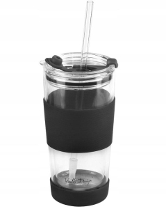 Szklany kubek termiczny ze słomką do kawy Vialli Design FUORI 600ml CZARNY