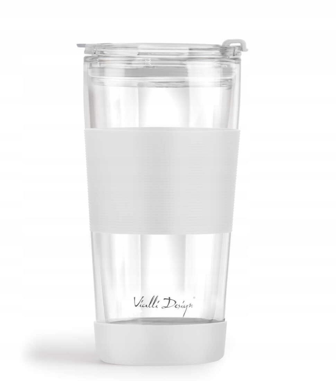 Szklany kubek termiczny ze słomką do kawy Vialli Design FUORI 600ml BIAŁY