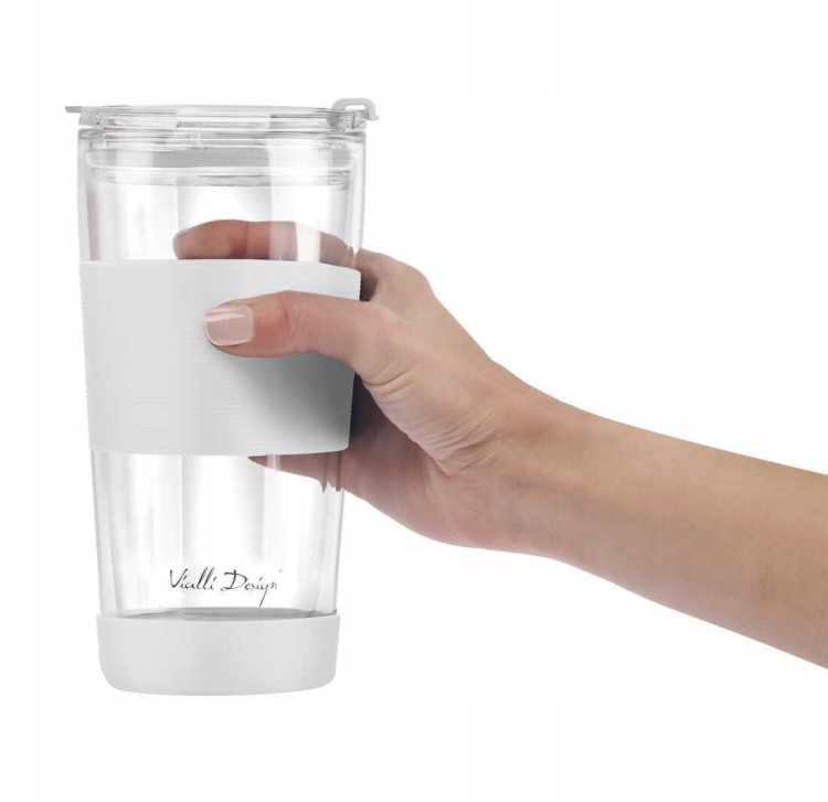 Szklany kubek termiczny ze słomką do kawy Vialli Design FUORI 600ml BIAŁY