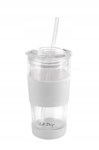Szklany kubek termiczny ze słomką do kawy Vialli Design FUORI 600ml BIAŁY