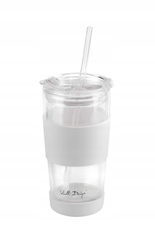 Szklany kubek termiczny ze słomką do kawy Vialli Design FUORI 600ml BIAŁY