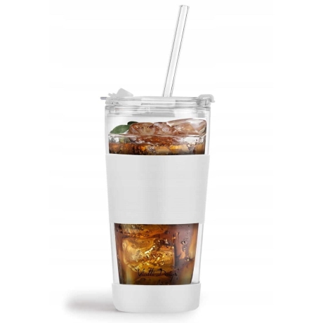 Przejdź do produktu Szklany kubek termiczny ze słomką do kawy Vialli Design FUORI 600ml BIAŁY