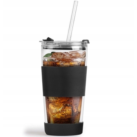 Przejdź do produktu Szklany kubek termiczny ze słomką do kawy Vialli Design FUORI 600ml CZARNY