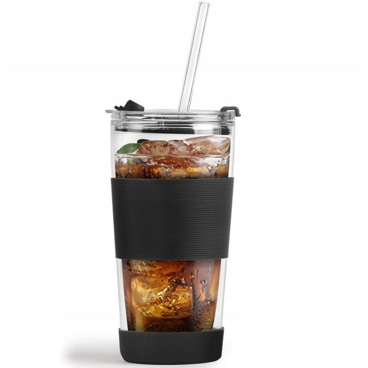 Szklany kubek termiczny ze słomką do kawy Vialli Design FUORI 600ml CZARNY