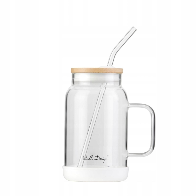 Szklany słoik ze słomką do kawy herbaty Vialli Design FUORI 600ml BIAŁY