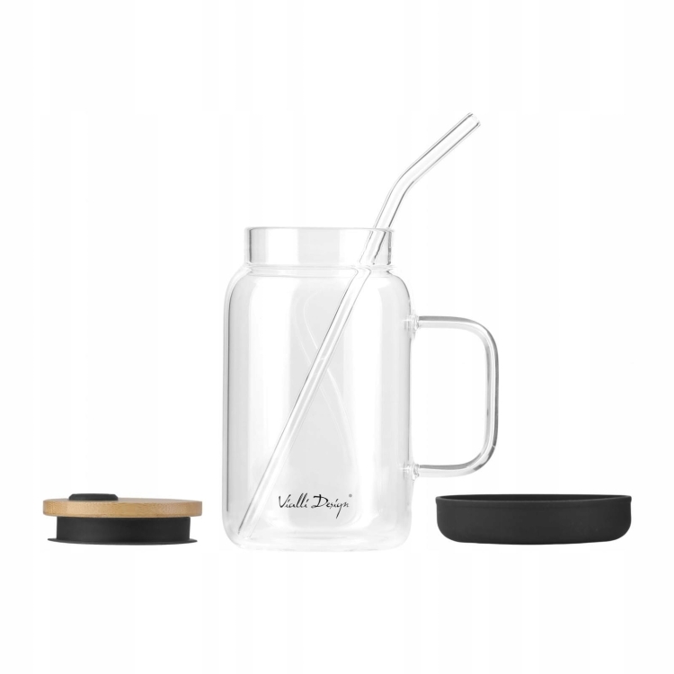 Szklany słoik ze słomką do kawy herbaty Vialli Design FUORI 600ml CZARNY