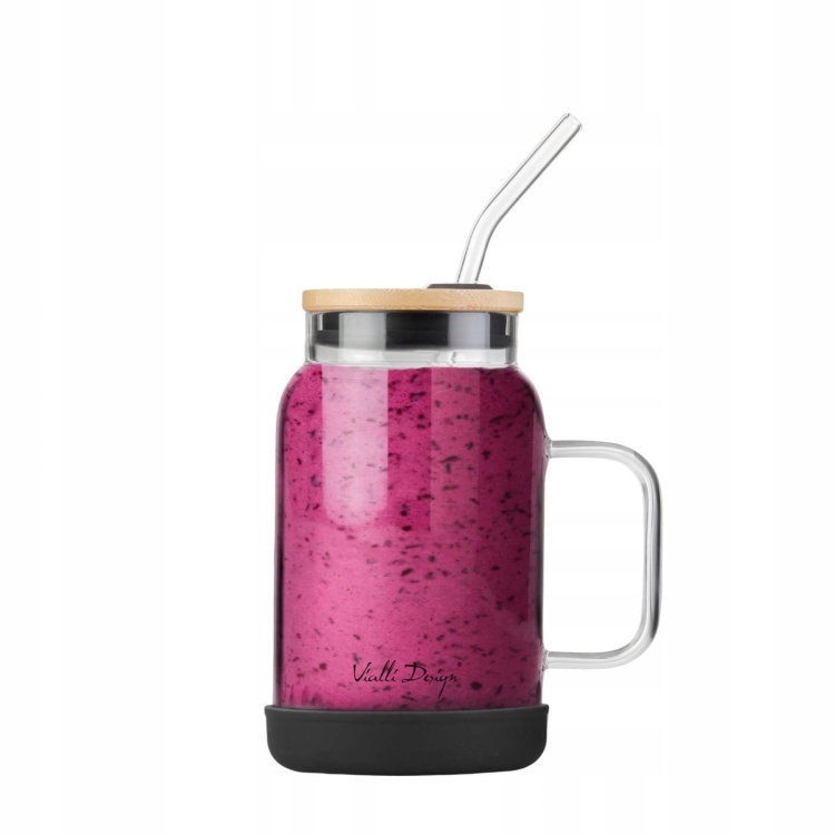 Szklany słoik ze słomką do kawy herbaty Vialli Design FUORI 600ml CZARNY