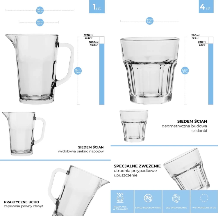 Zestaw do wody soku napojów dzbanek 1,2L+4 szklanki 260ml Trend Glass ALVA