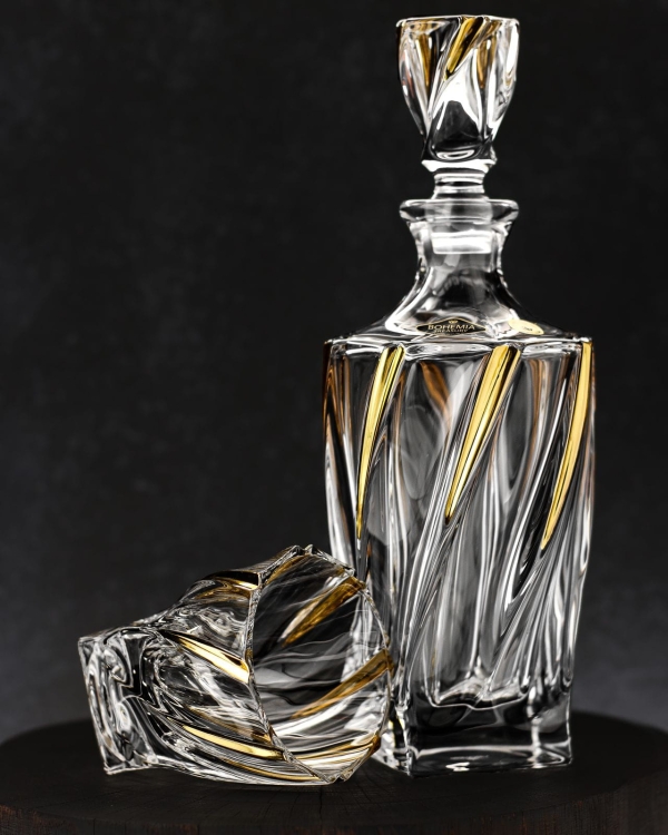 Ekskluzywny zestaw do whisky BOHEMIA Ponti Twist GOLD 6+1 w skrzynce z GRAWEREM