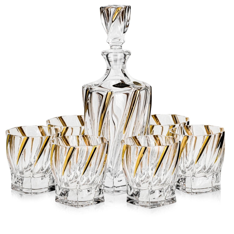 Ekskluzywny zestaw do whisky BOHEMIA Ponti Twist GOLD 6+1 w skrzynce z GRAWEREM