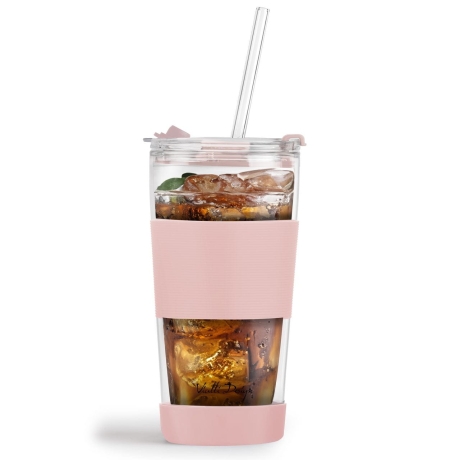 Przejdź do produktu Szklany kubek termiczny ze słomką do kawy Vialli Design FUORI 600ml RÓŻOWY
