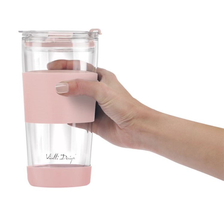 Szklany kubek termiczny ze słomką do kawy Vialli Design FUORI 600ml RÓŻOWY