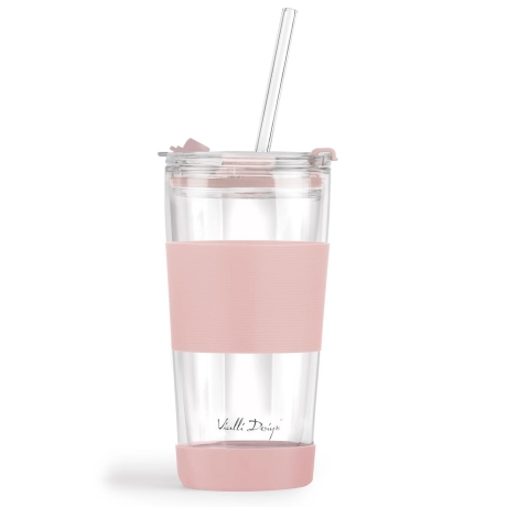 Przejdź do produktu Szklany kubek termiczny ze słomką do kawy Vialli Design FUORI 600ml RÓŻOWY