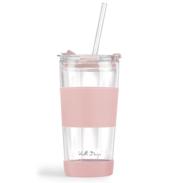 Szklany kubek termiczny ze słomką do kawy Vialli Design FUORI 600ml RÓŻOWY
