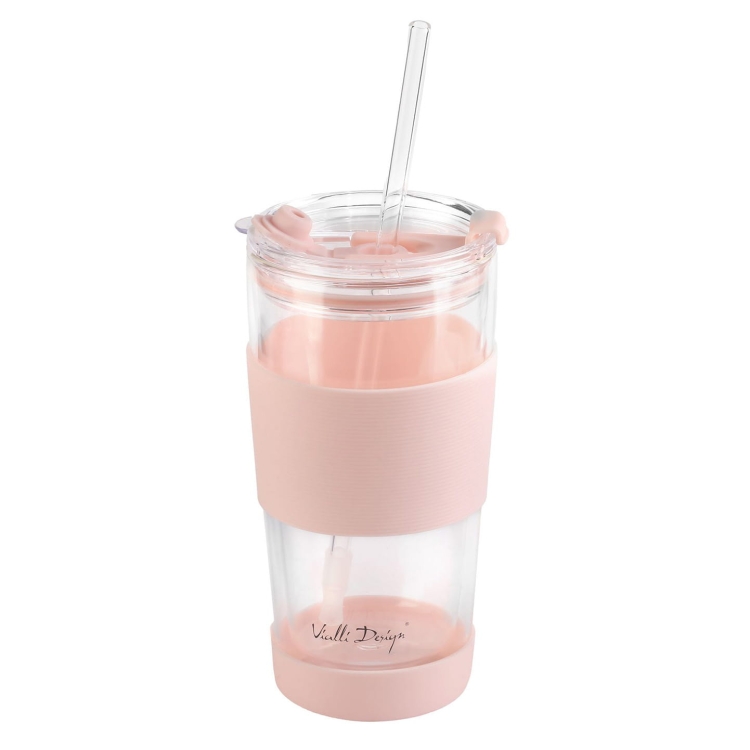 Szklany kubek termiczny ze słomką do kawy Vialli Design FUORI 600ml RÓŻOWY