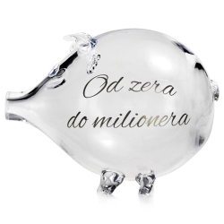 MEGA szklana skarbonka ŚWINKA ze srebrnym nadrukiem "Od zera do milionera"