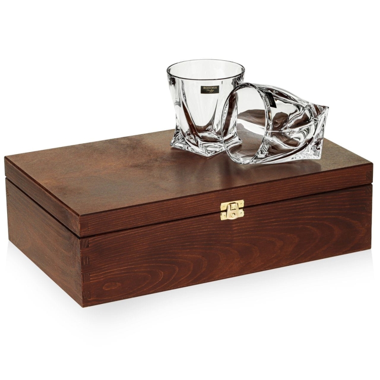 Kryształowe szklanki do whisky Bohemia QUADRO 340ml w skrzynce z GRAWEREM