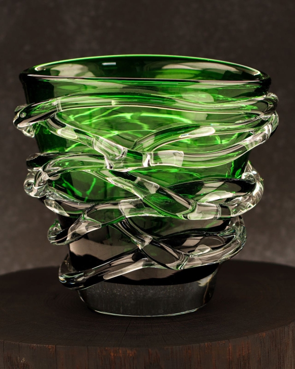 Ekskluzywny ręcznie robiony Wazon szklany na kwiaty zielony HANDMADE 19cm