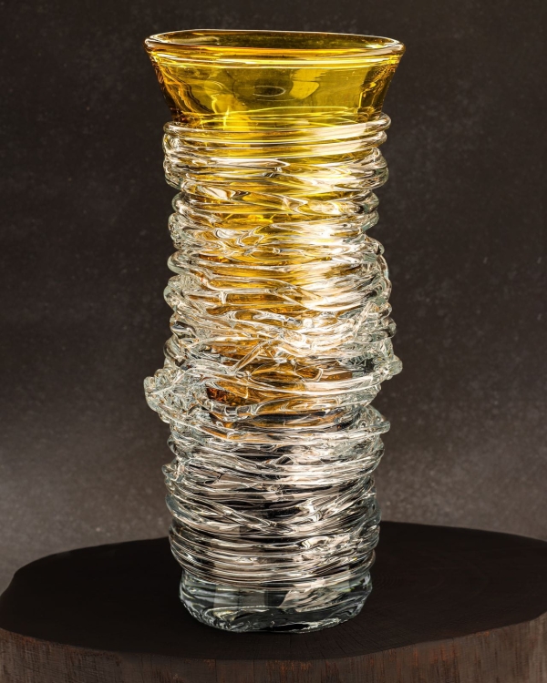 Ekskluzywny ręcznie robiony Wazon szklany na kwiaty żółty HANDMADE 36cm